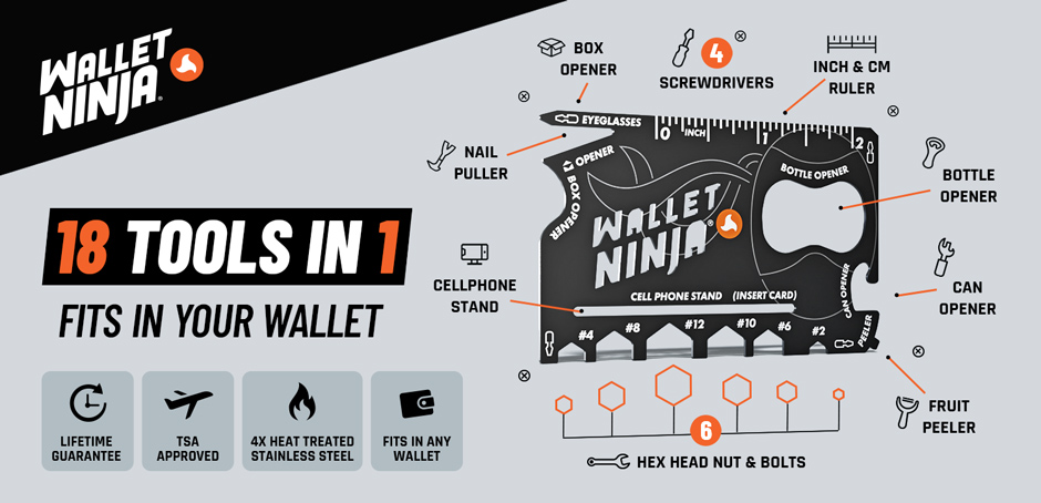 Wallet Ninja: 18-in-1 multi-tool for your wallet.