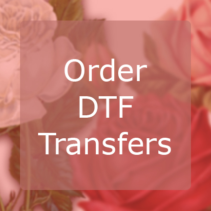 Red quare with ordering DFT transfers font on front and flower illustration on background