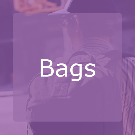 Purple Square with bags on front and man with backpack in the background