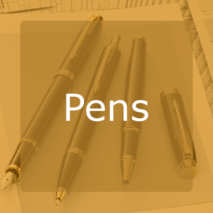 Orange Square with Pens font in front and fancy pens resting on table in background