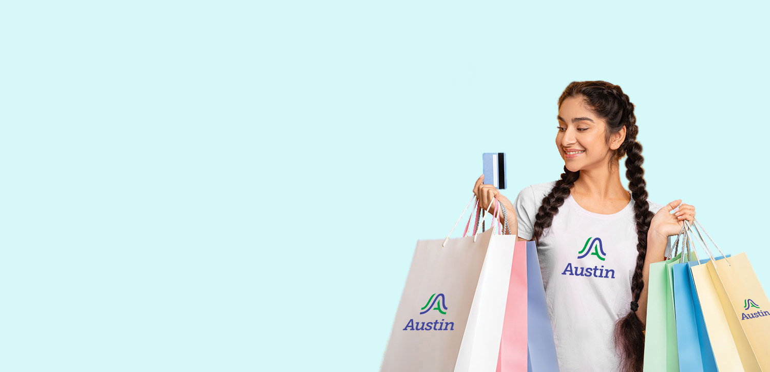 woman with credit card and shopping bags